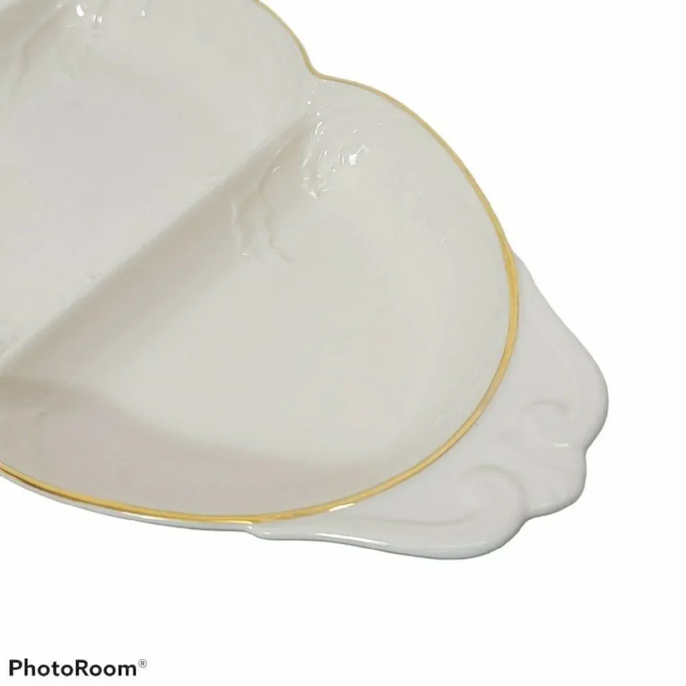 Lenox Off White Ceramic Holiday Heirloom 3 Part Relish Server Tray China Platter
